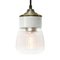 Vintage Industrial White Porcelain and Brass Pendant Light with Striped Clear Glass, Imagen 1