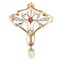 Art Nouveau Natural Pearl Diamond Ruby 18 Karat Yellow Gold Pendant Brooch 1