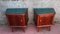 Rosewood and Mahogany Bedside Tables with Brass Handles and Feet & Green Colotrato Back Glass, 1950s, Set of 2 1