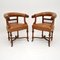 Antique Leather & Carved Oak Armchairs, Set of 2 1