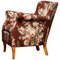 Scandinavian Floral Printed Brown Linen Lounge / Easy Chair, Sweden, 1950s 1