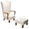 Fauteuil à Oreilles Blanc avec Ottomane, Set de 2 1