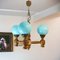 Lámpara de araña portuguesa rústica de madera de vidrio opalino azul con tres luces, años 60, Imagen 1
