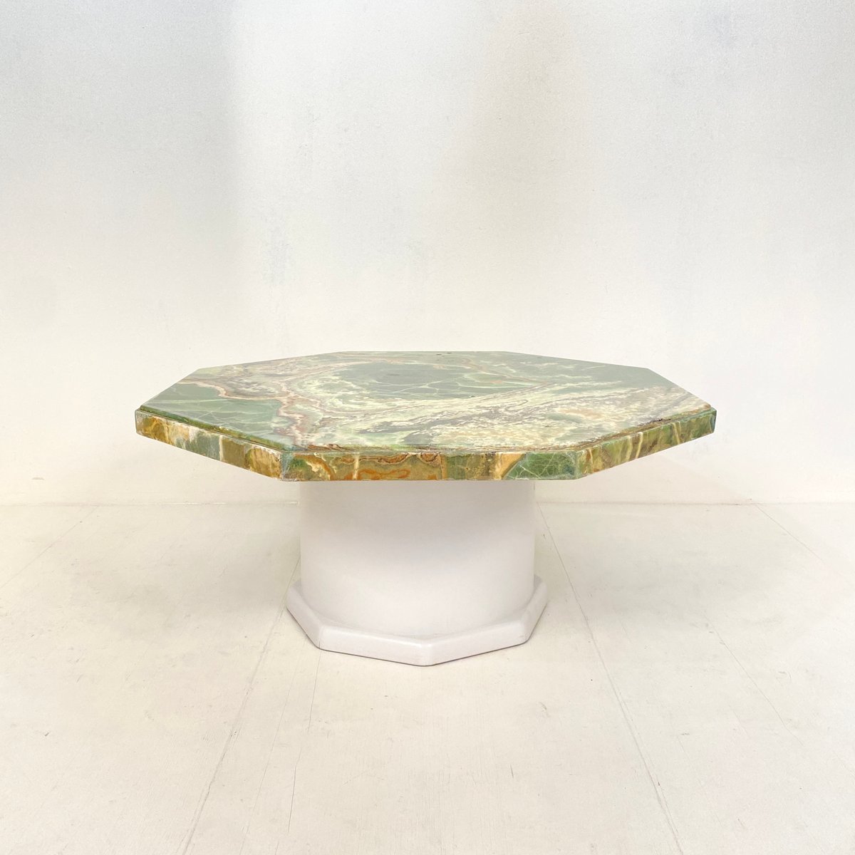 mid century green octagon onyx coffee table with round off white wood base 1970s FB-1000203