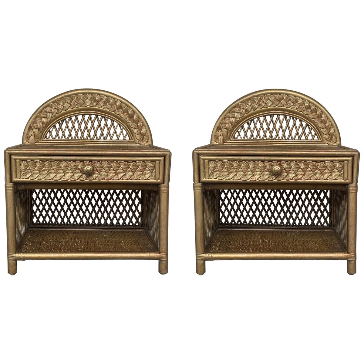 mid century bamboo rattan gold nightstands with drawer and low shelves set of 2 PSK-1002532