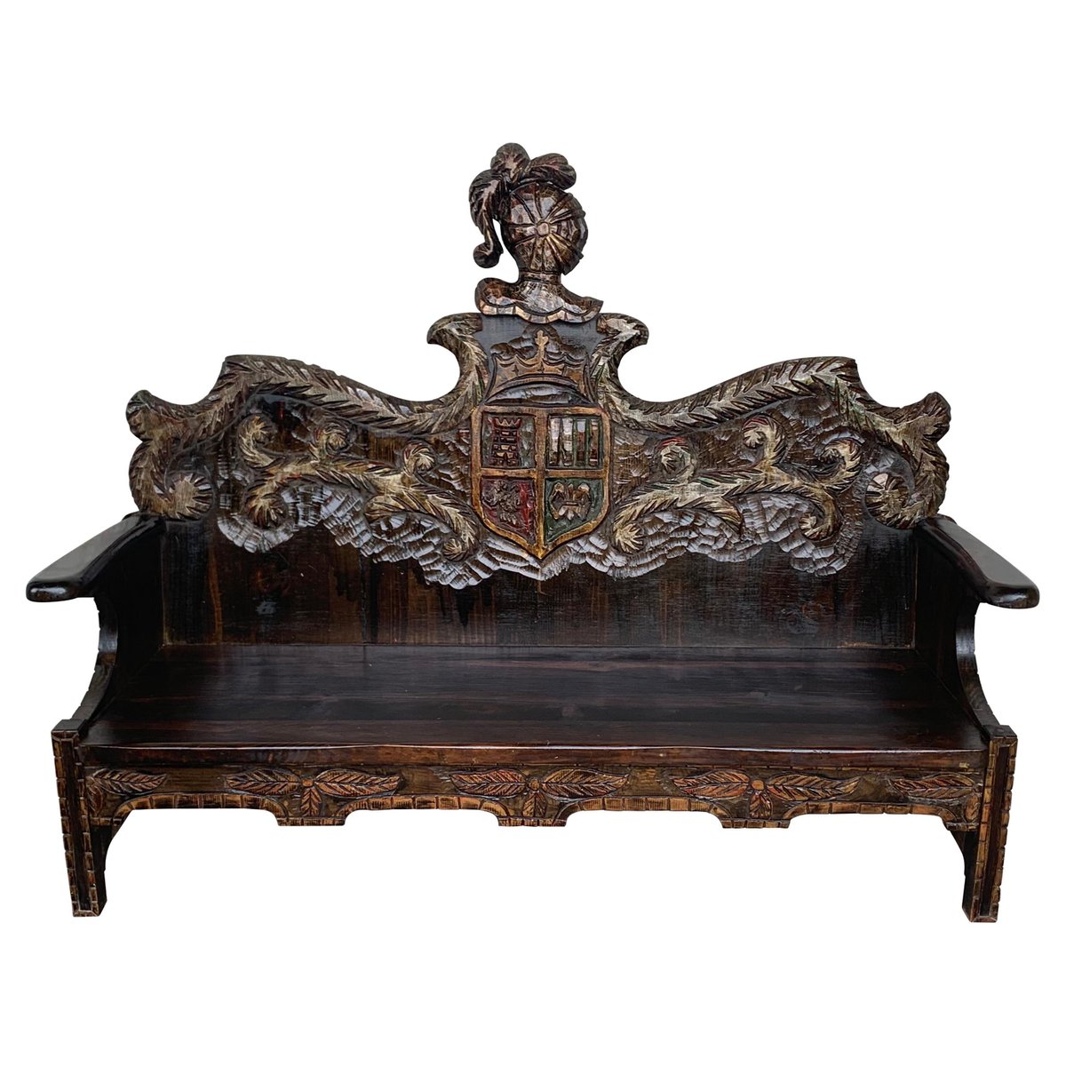 early 20th century spanish polychrome hand carved oak bench PSK-1002568