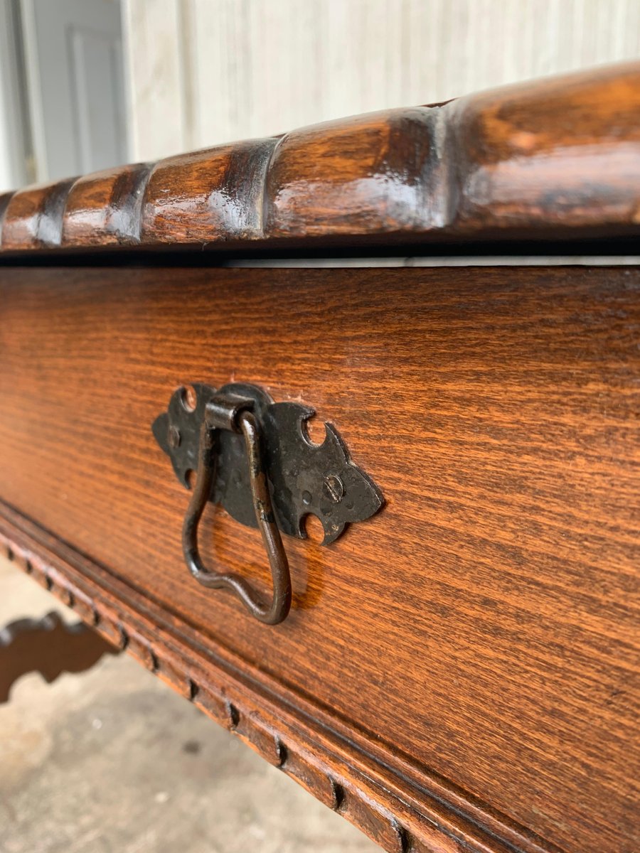Early 20thCentury Spanish Desk with Lyre Legs and Carved Edges on Top