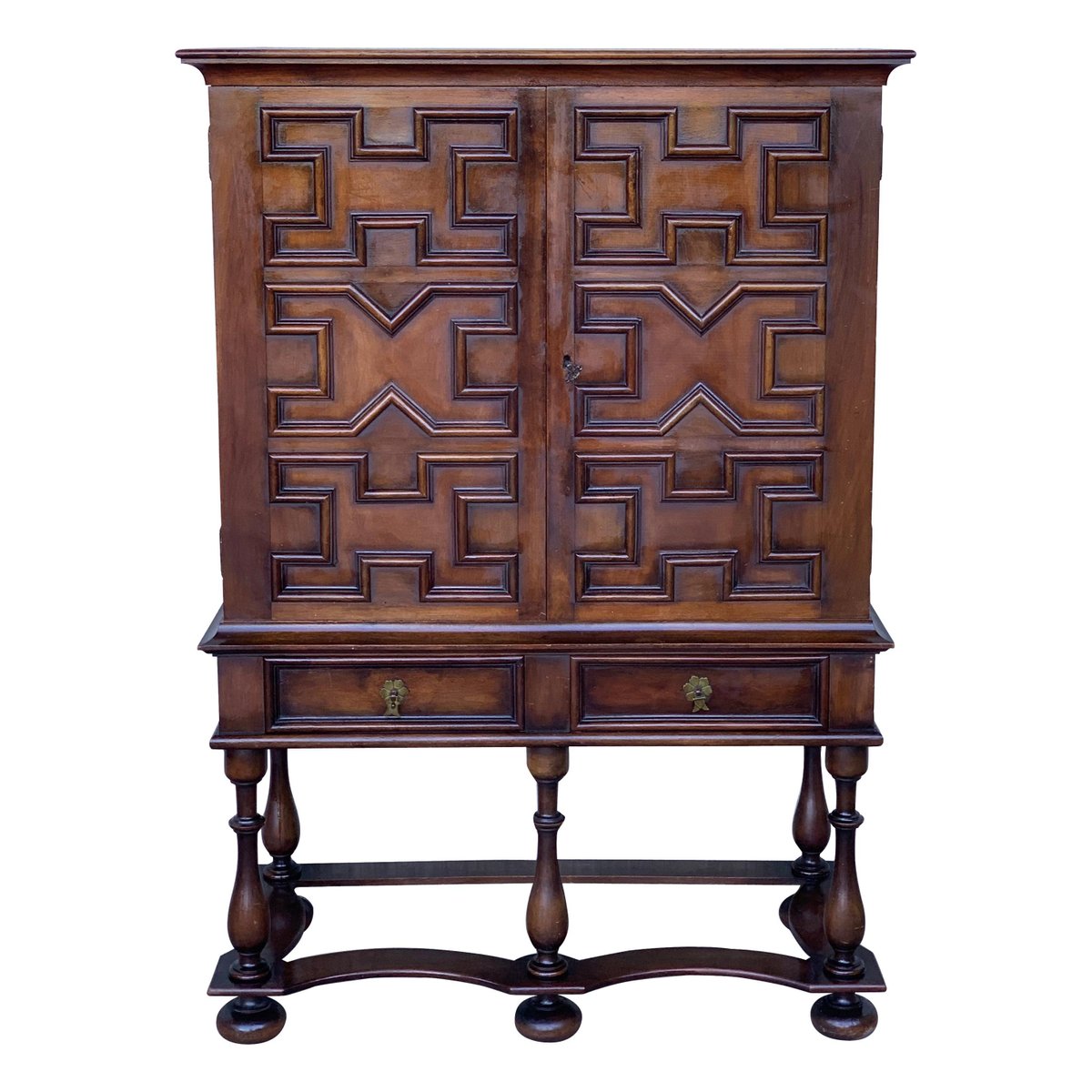 19th century catalan cabinet on stand in carved walnut with iron stretcher PSK-1002618