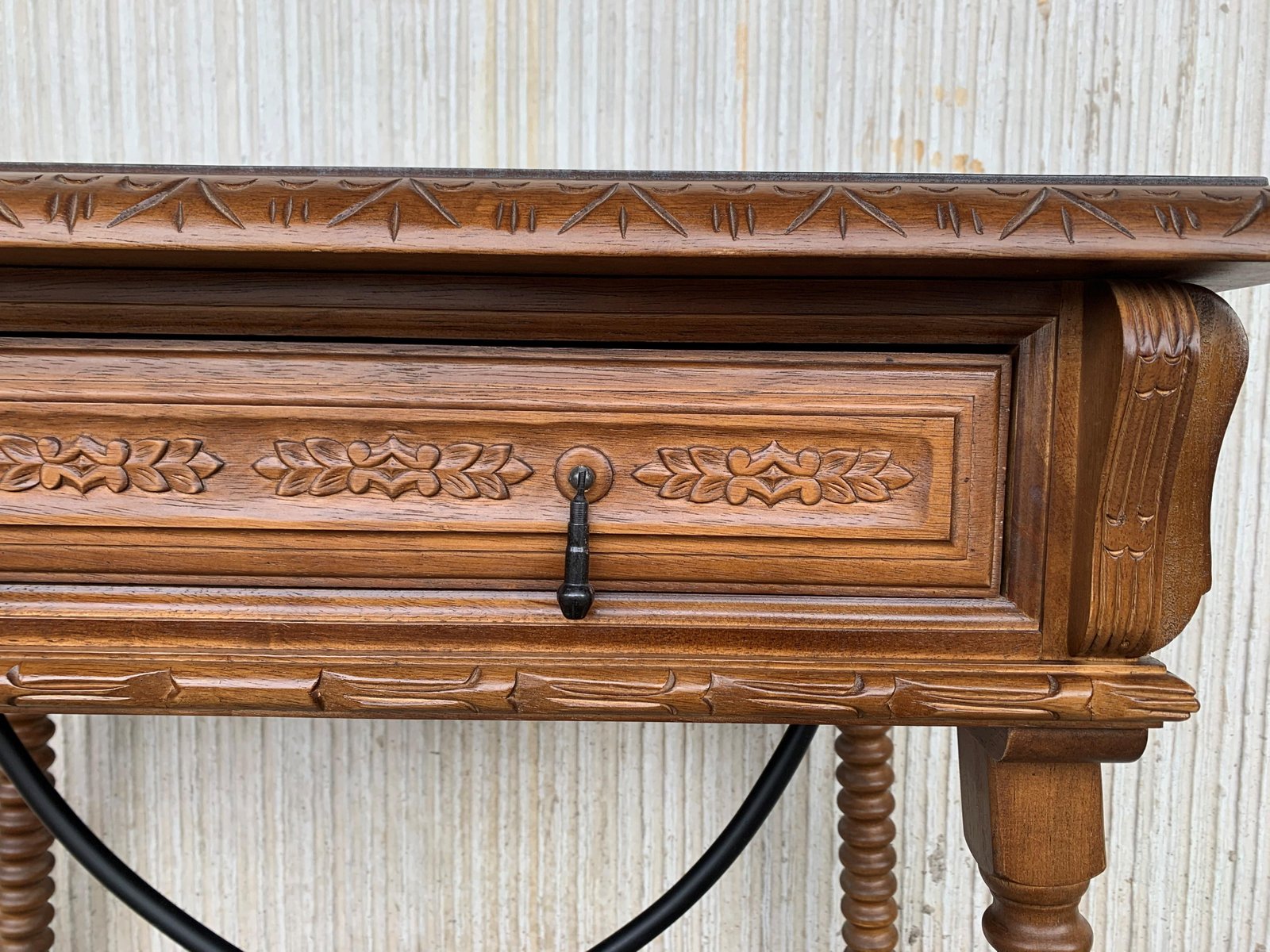 20thCentury Spanish Bargueno Table or Lady's Desk with Carved Drawer