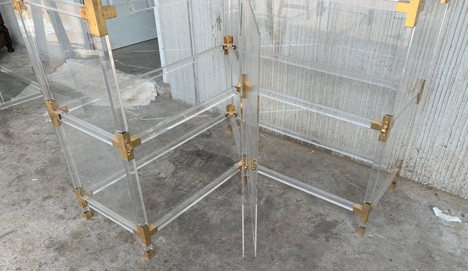MidCentury Brass, Acrylic Glass and Glass Shelving Unit with Five