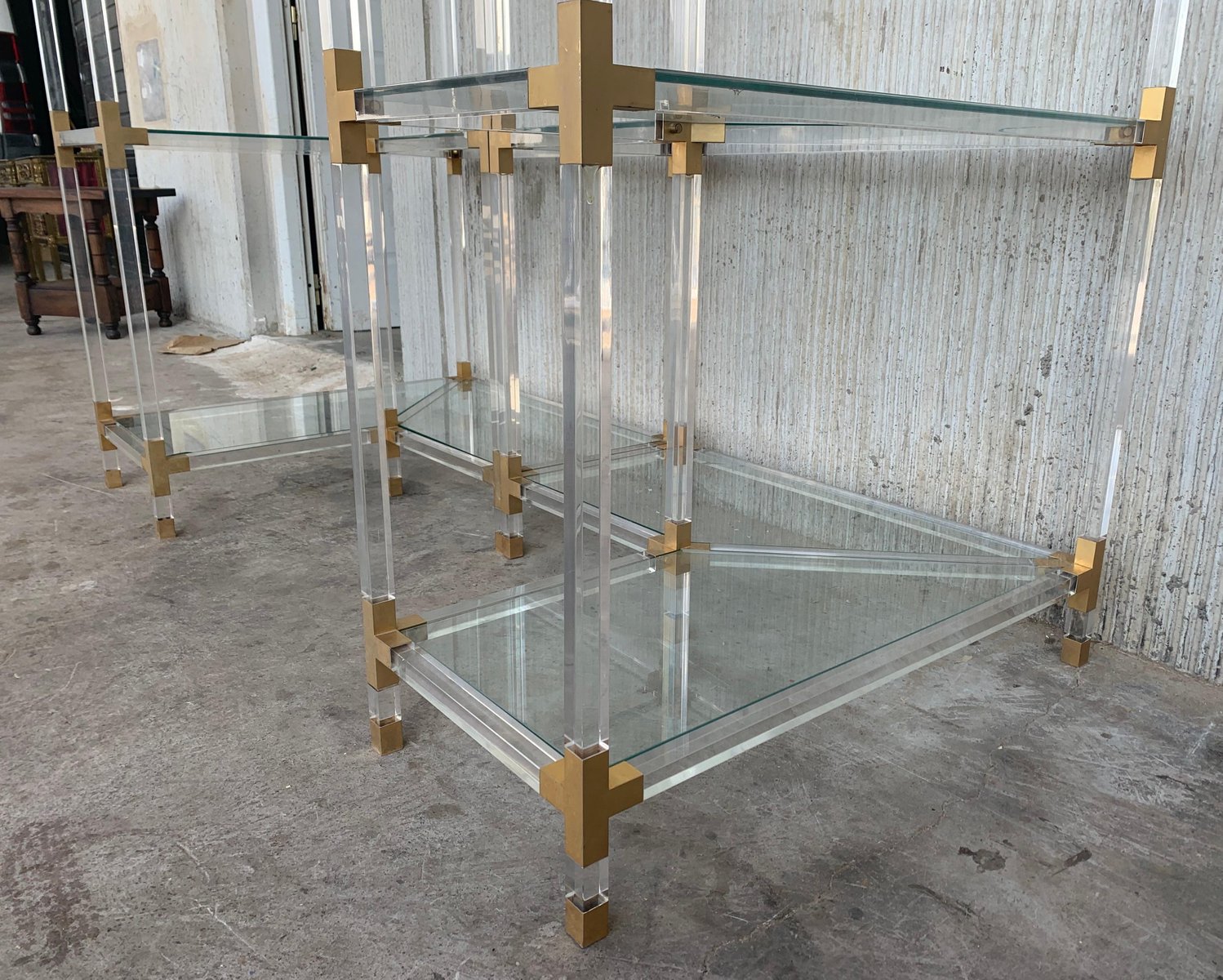 MidCentury Brass, Acrylic Glass and Glass Shelving Unit with Five