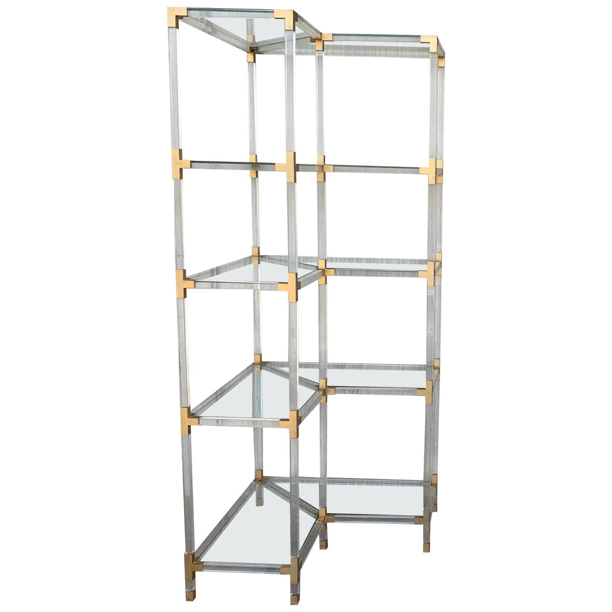 TRDST mid century brass acrylic glass and glass shelving unit with