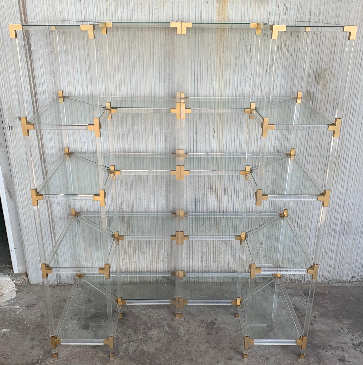 MidCentury Brass, Acrylic Glass and Glass Shelving Unit with Five