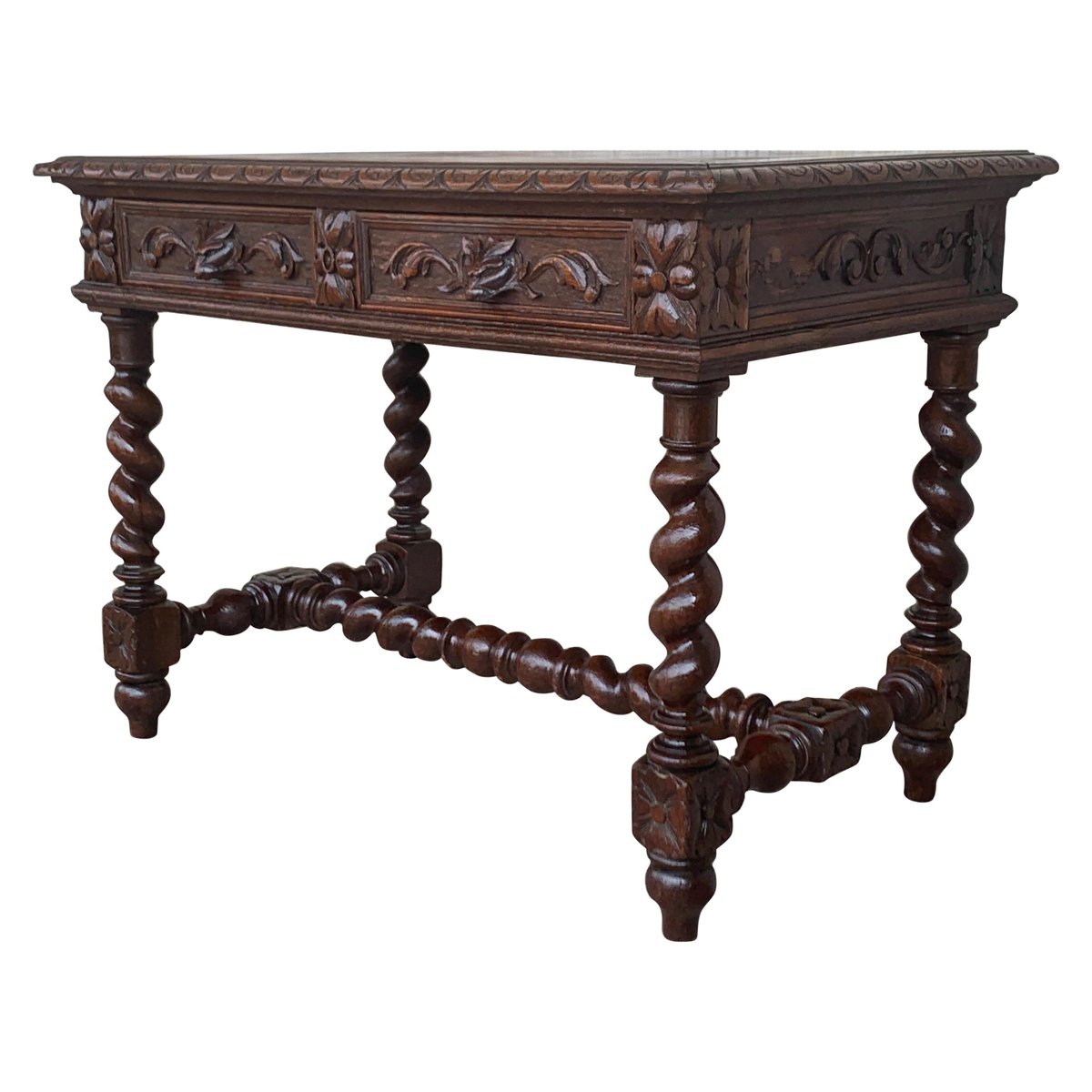 19th century spanish walnut desk with two drawers and solomonic turning legs PSK-1002695