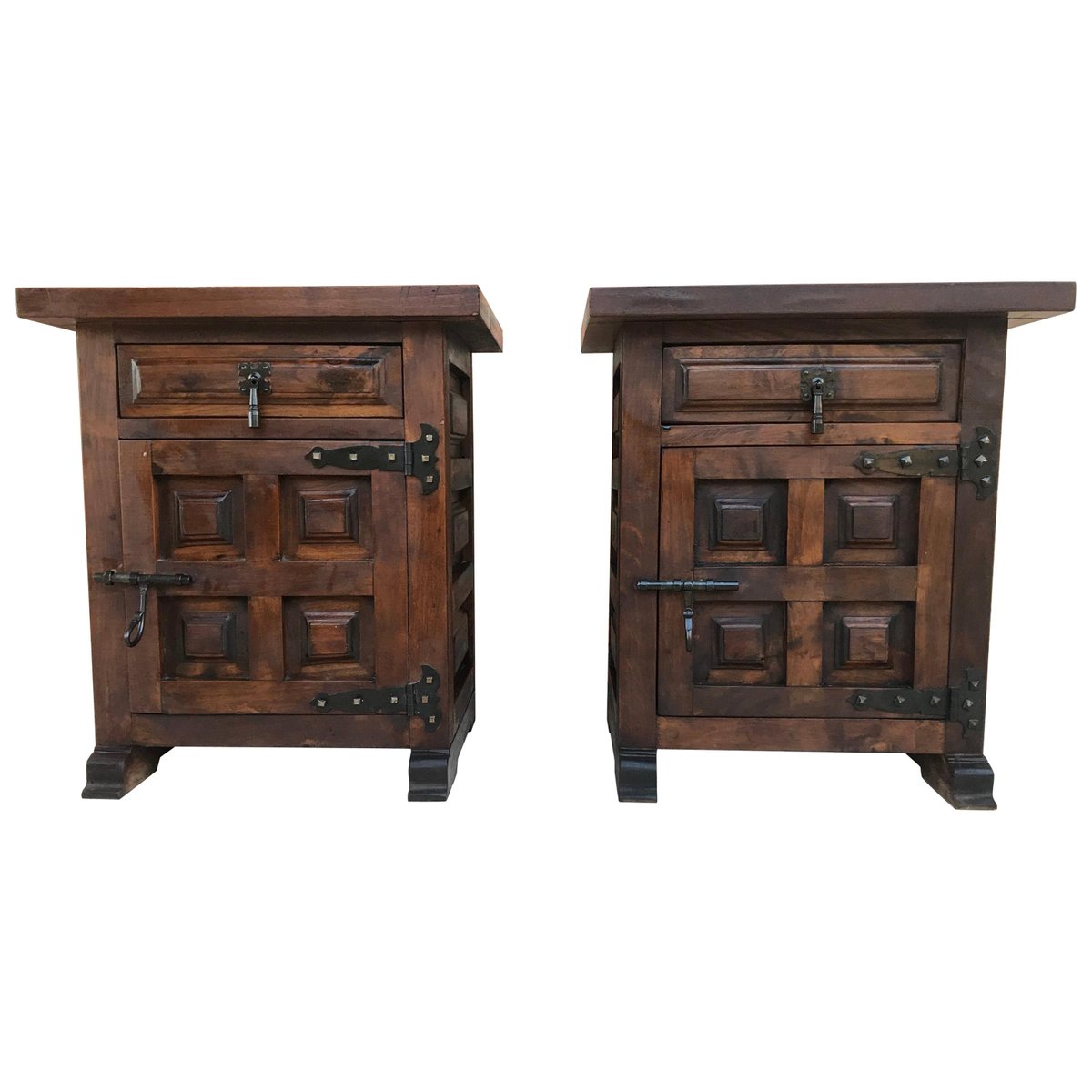 20th century brutalist spanish nightstands with carved drawer and door set of 2 PSK-1002704