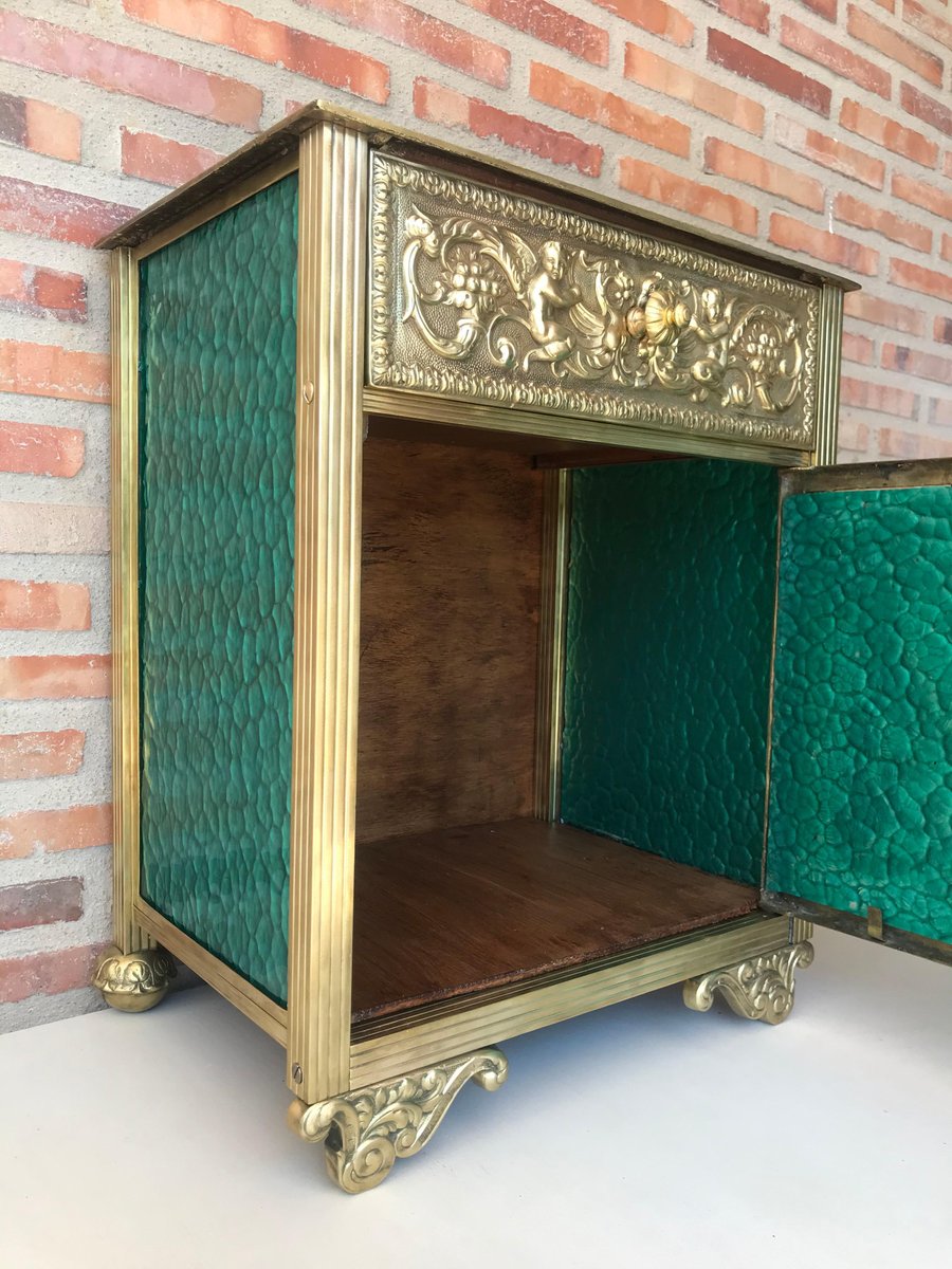 bronze vitrine nightstands with green glass doors and drawer set of 2 PSK-1002708