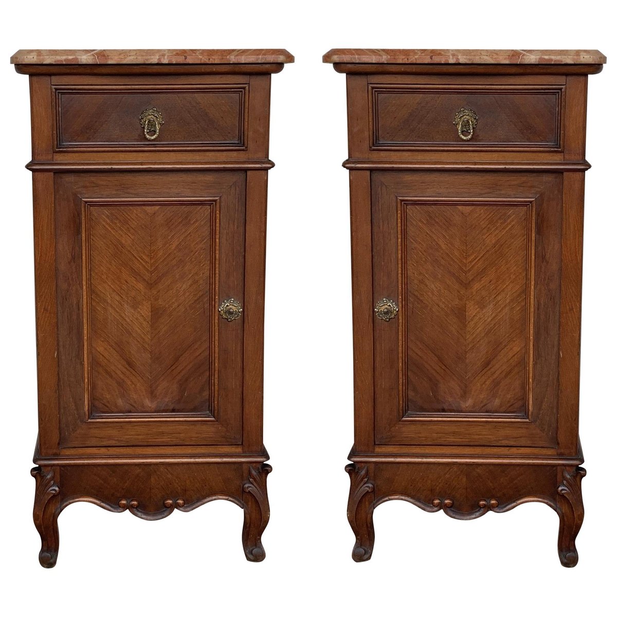 art nouveau walnut nightstands with crest and marble top set of 2 1 PSK-1002721