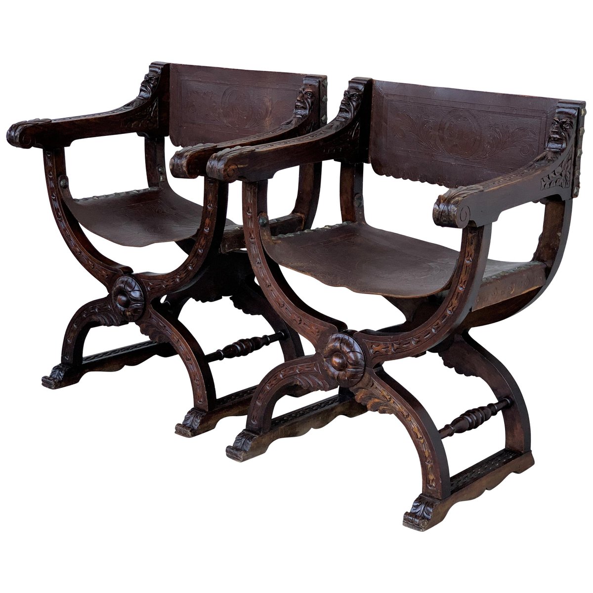 19th century folding carved walnut and leather bench set of 2 PSK-1002835