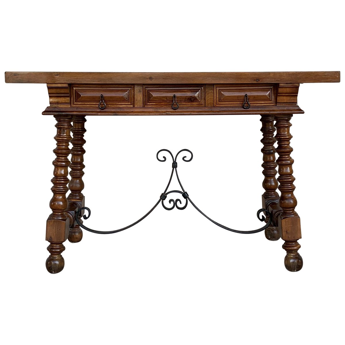 catalan spanish lady desk in carved walnut and iron stretcher PSK-1002876