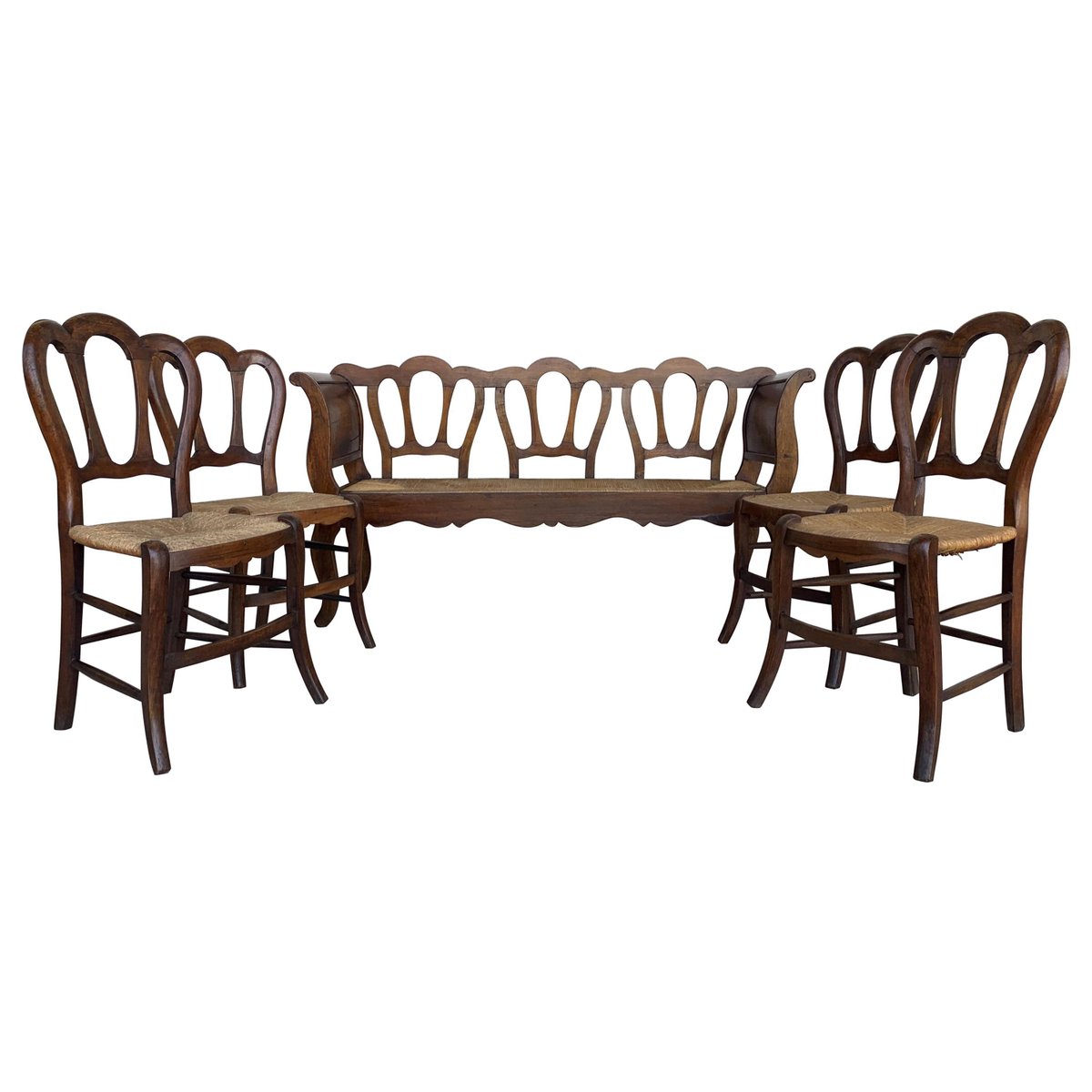 20th century bench victorian chairs in wood and rattan set of 5 PSK-1002912