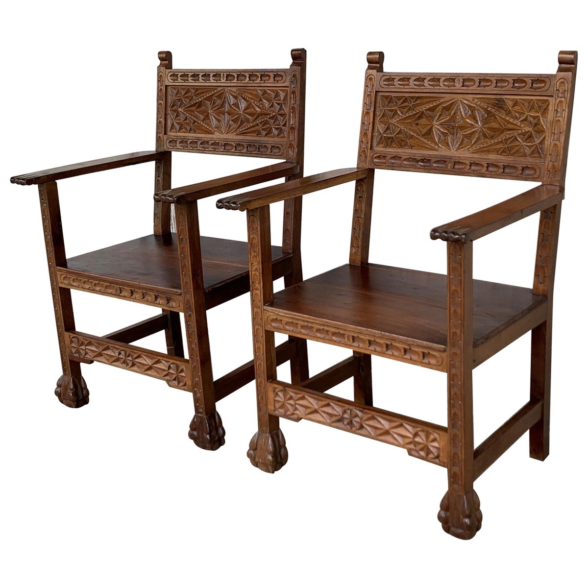 19th century spanish colonial altar carved armchairs with wood seat set of 2 PSK-1002921