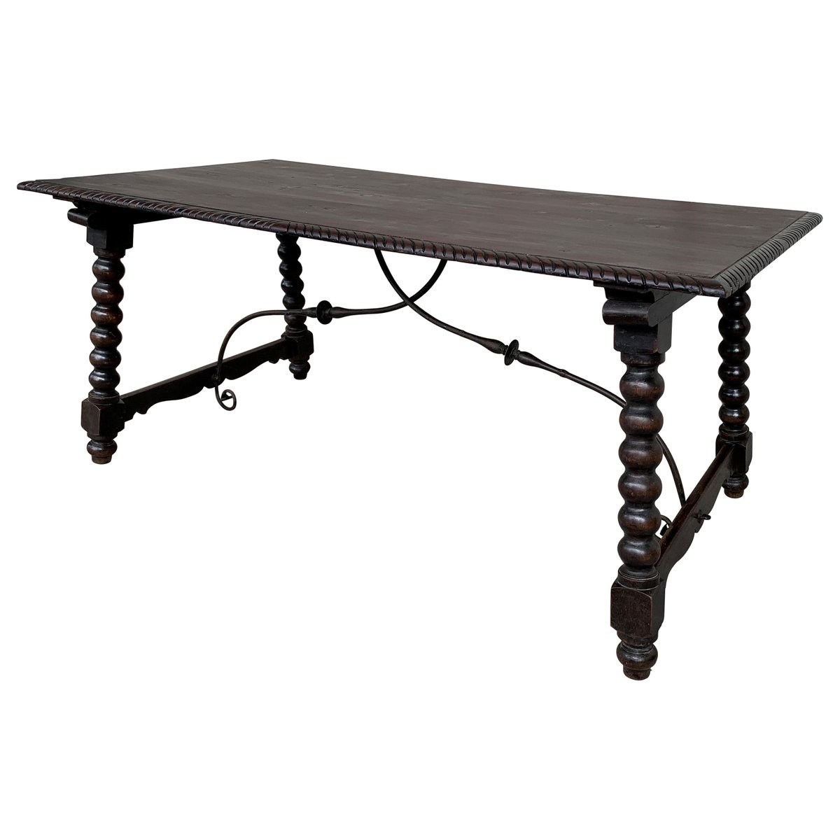 19th baroque spanish farm trestle lyre leg dining room table with forged iron PSK-1002972