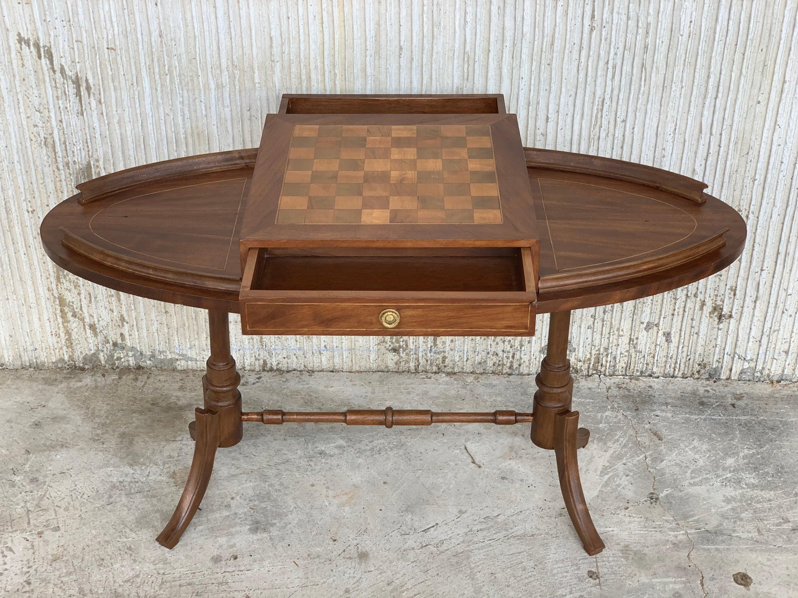 20th Century Regency Style Oval Walnut Chess Game Table with 2 Drawers