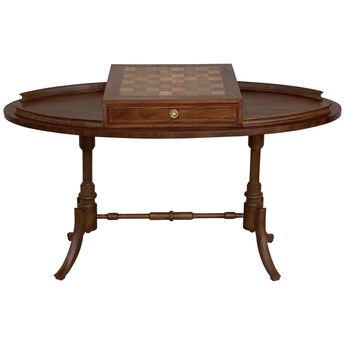 20th century regency style oval walnut chess game table with 2 drawers PSK-1003025