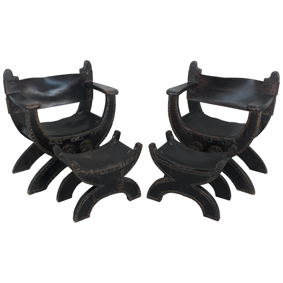 20th Century Spanish Carved Walnut Savonarola with Foot Rest, Set of 2