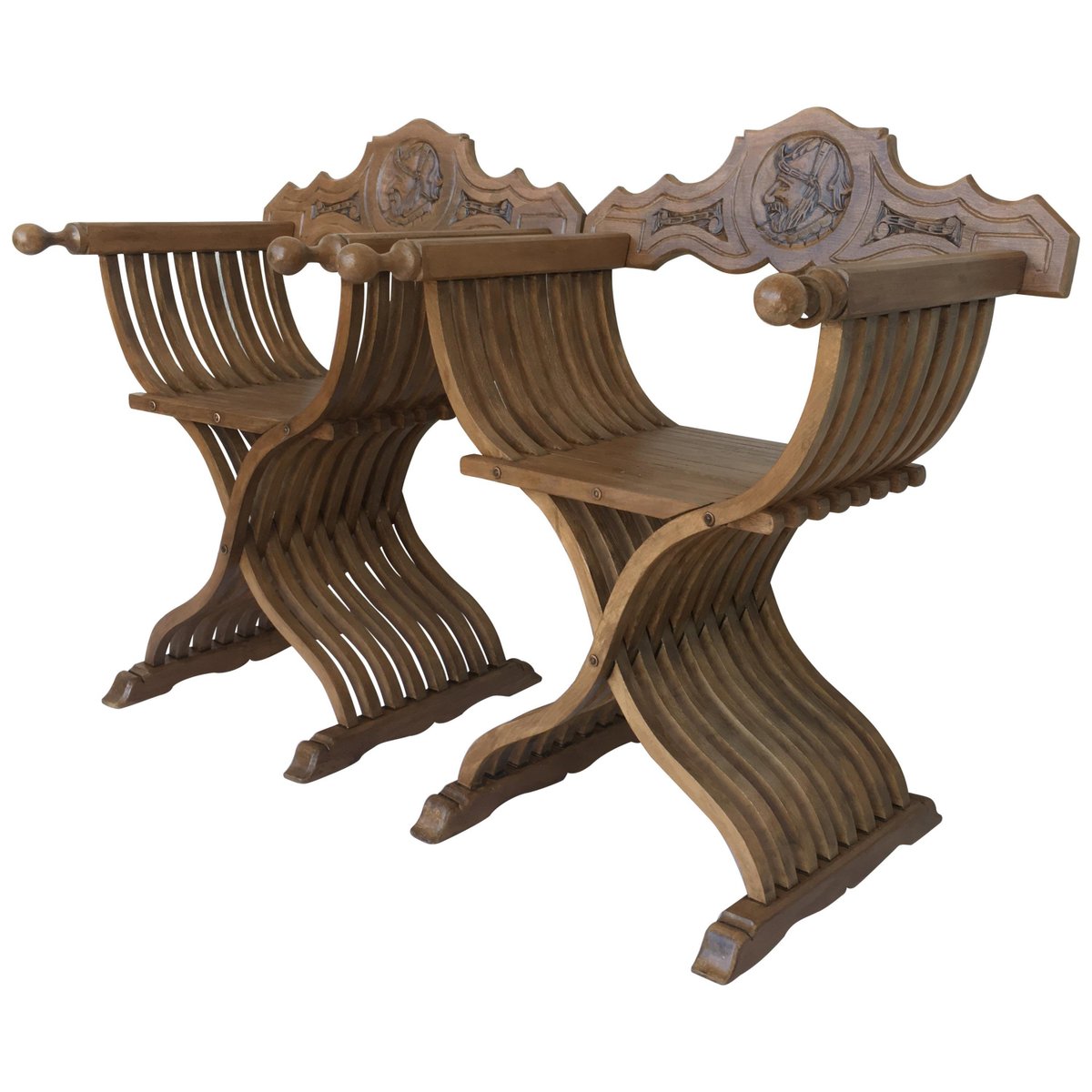 19th century carved walnut savonarola folding scissors bench PSK-1003084