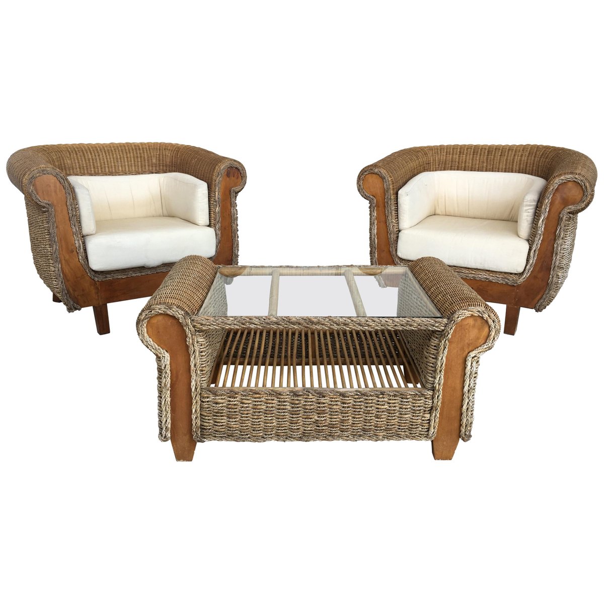 mid century armchairs with coffee table in rattan and wood set of 3 PSK-1003211