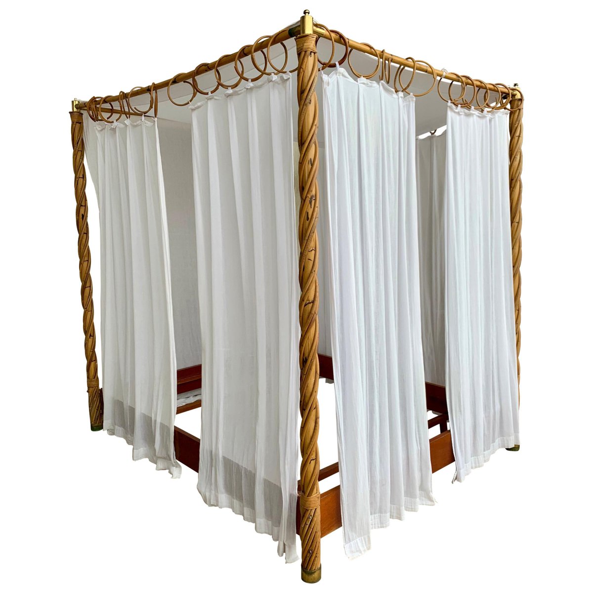 mid century bamboo canopy four poster bed with curtains PSK-1003337