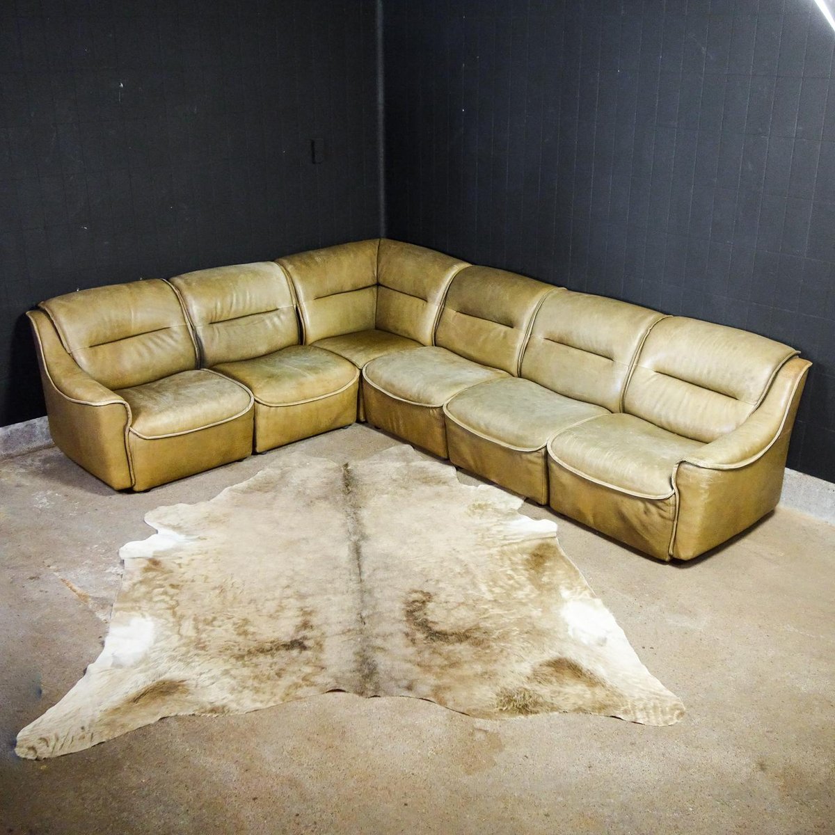 vintage modular brown leather corner sofa 1970s IA-1005039