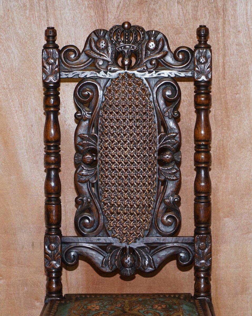 Carved Jacobean Throne Dining Chairs with Hand Painted & Embossed