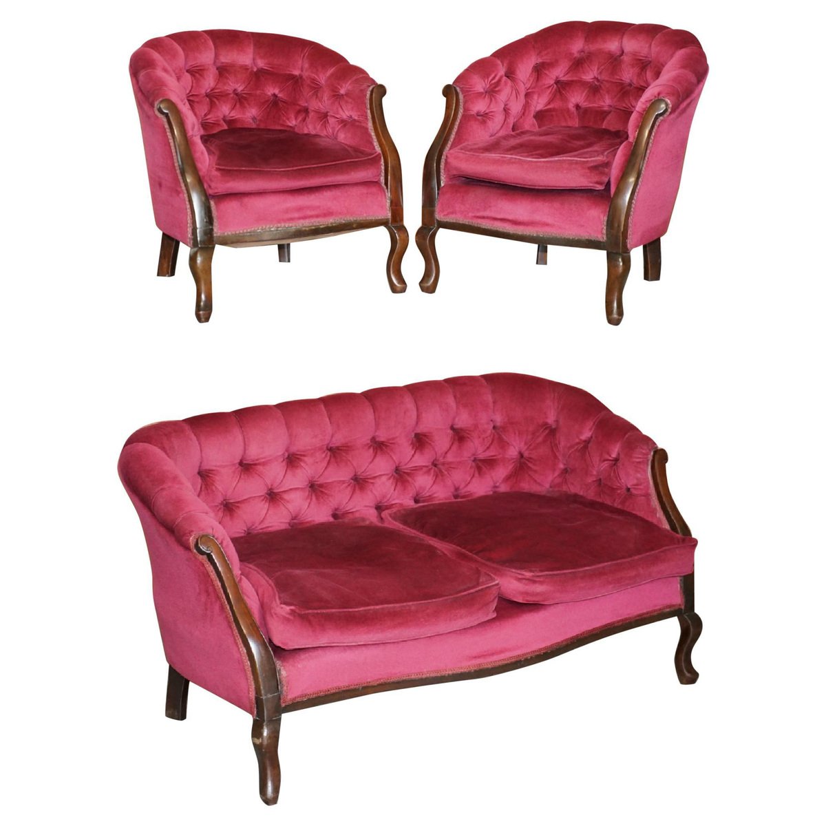 victorian hardwood pink velour parlour chesterfield living room set set of 3 GZP-1006301
