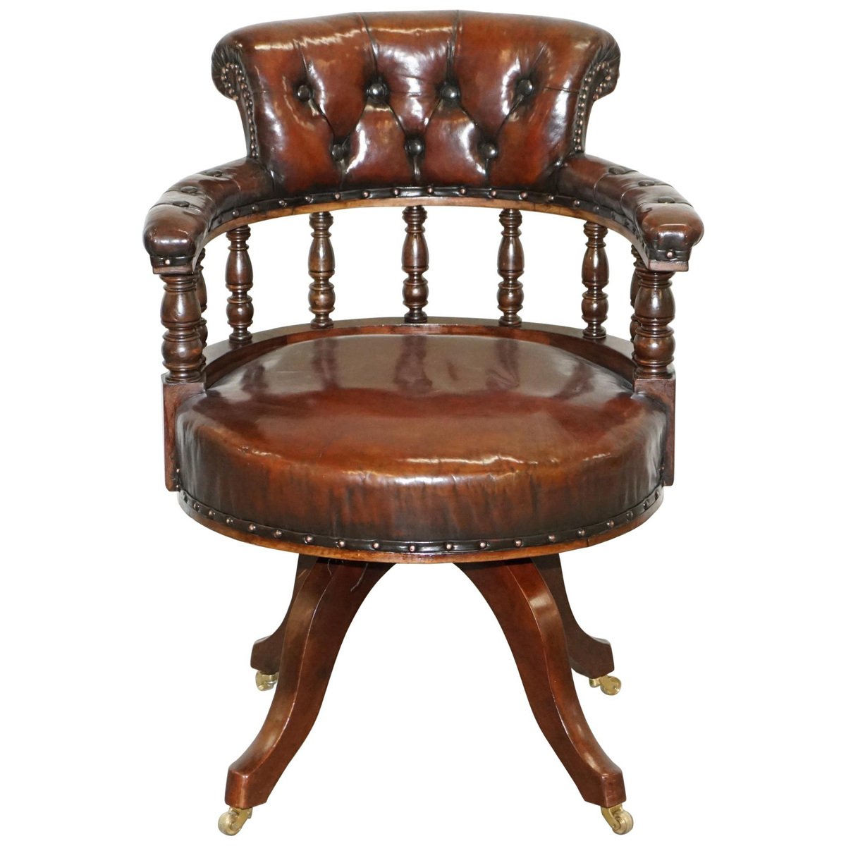 antique cigar brown leather swivel chair 1860s GZP-1006357