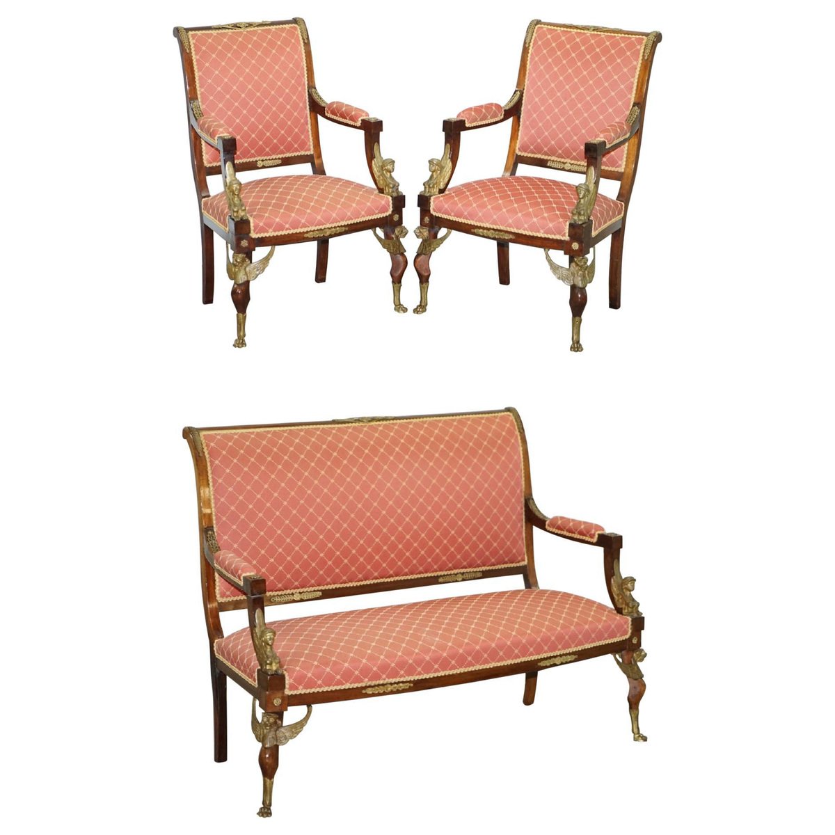19th century french empire egyptian sphinx sofa armchairs in ormolu hardwood set of 3 GZP-1006371
