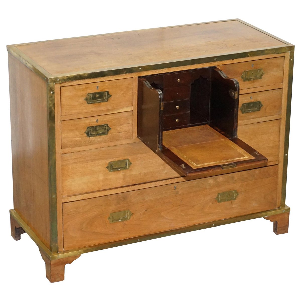 solid oak brass military campaign chest of drawers with secretaire desk 1880s GZP-1006379