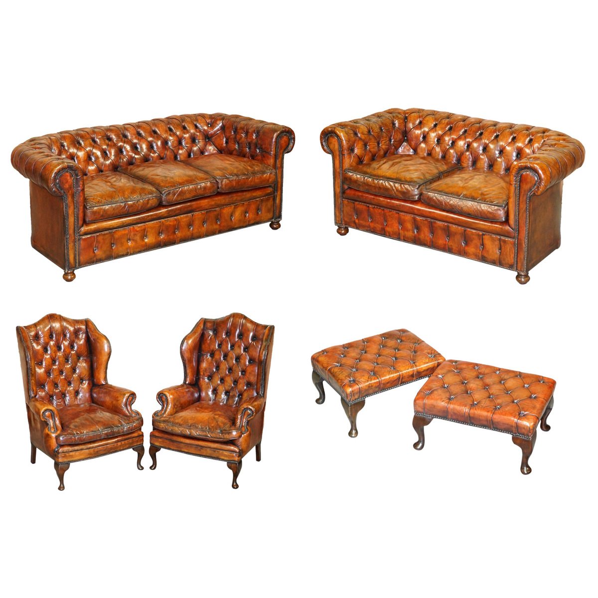 victorian brown leather chesterfield sofa armchairs stool suite set of 6 GZP-1006418