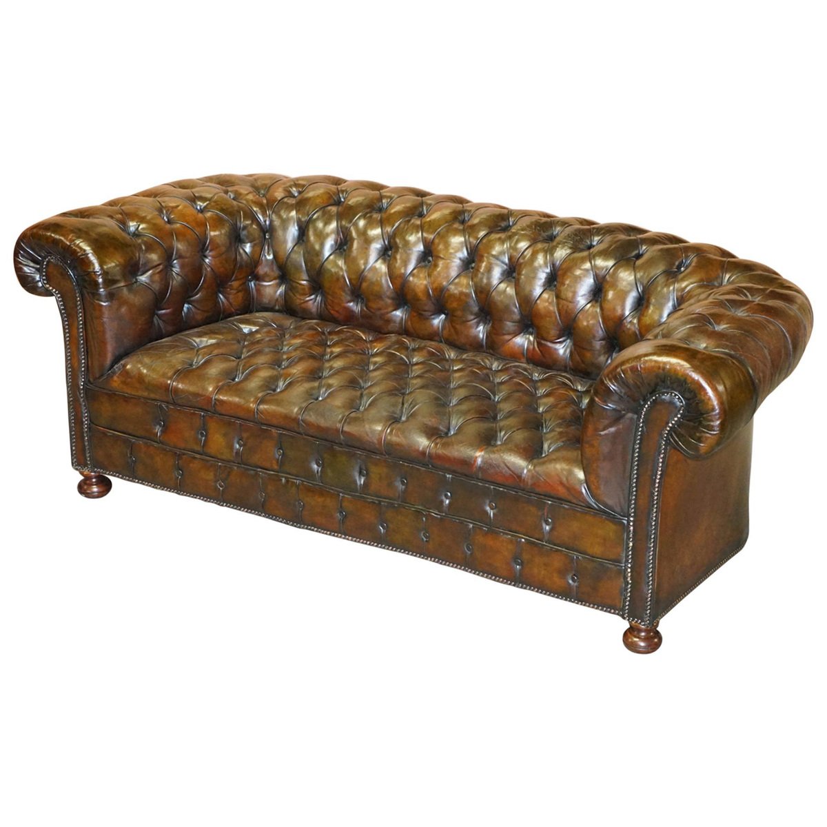 antique victorian cigar brown leather horsehair filled chesterfield club sofa GZP-1006483