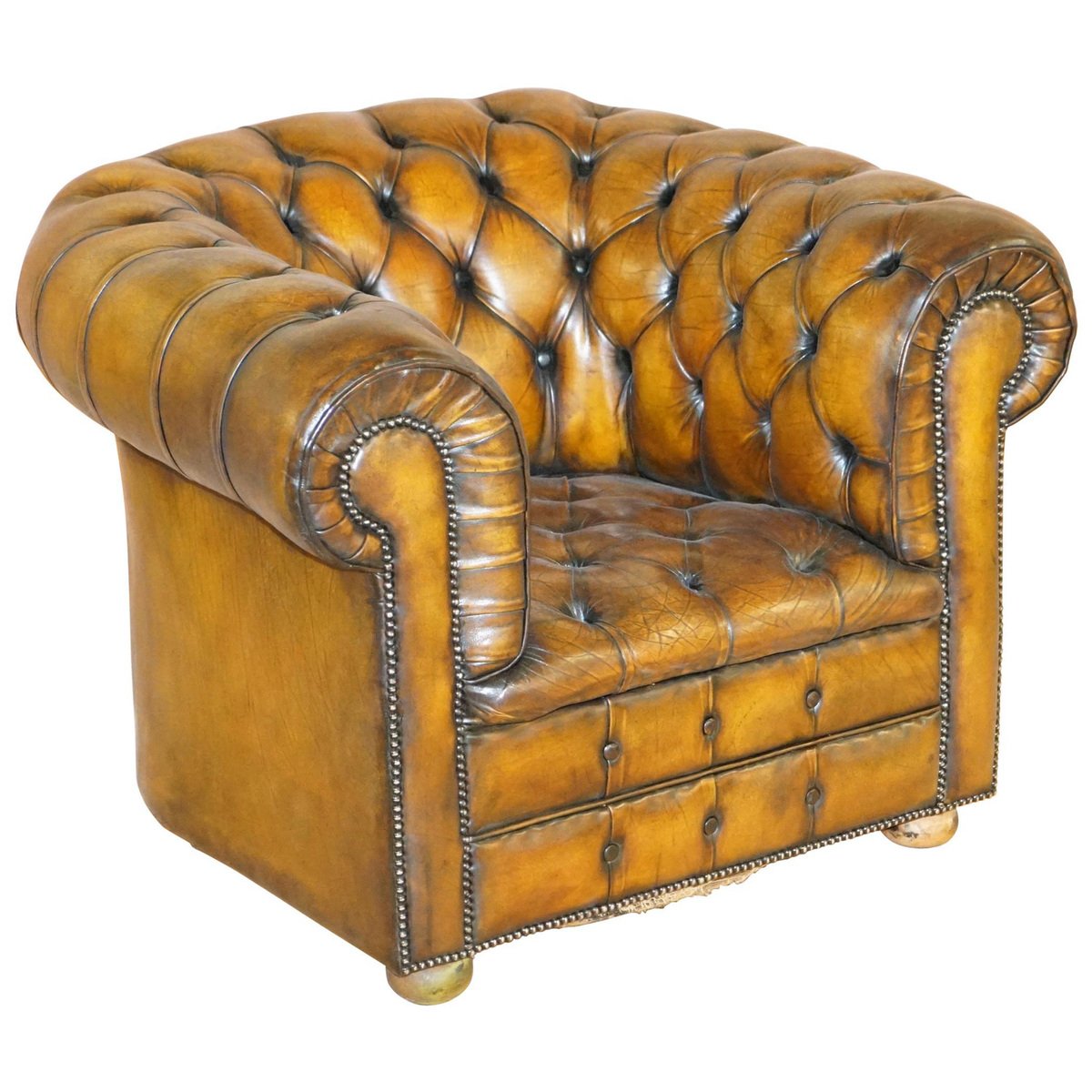 art deco hand dyed brown leather fully buttoned chesterfield club armchair GZP-1006496