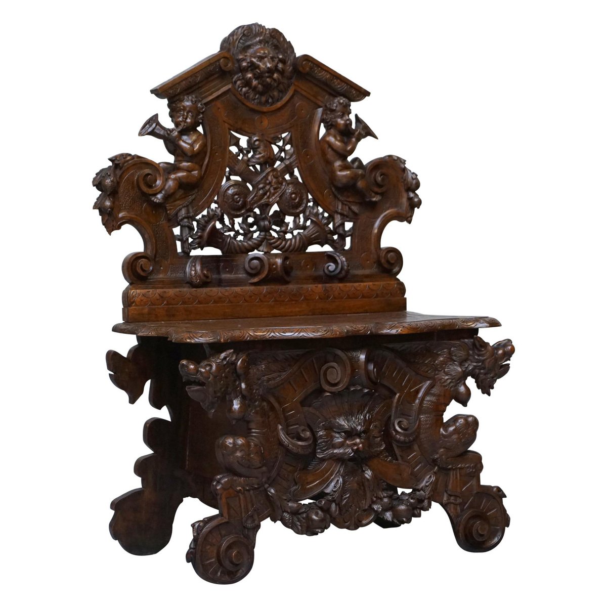 antique italian renaissance revival carved walnut hall bench seat with cherubs putti GZP-1006514
