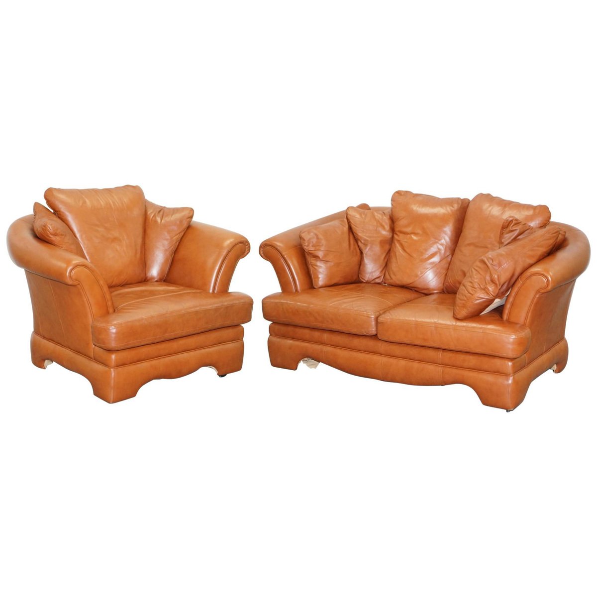 small aged tan brown leather sofa matching armchair set of 2 GZP-1006580