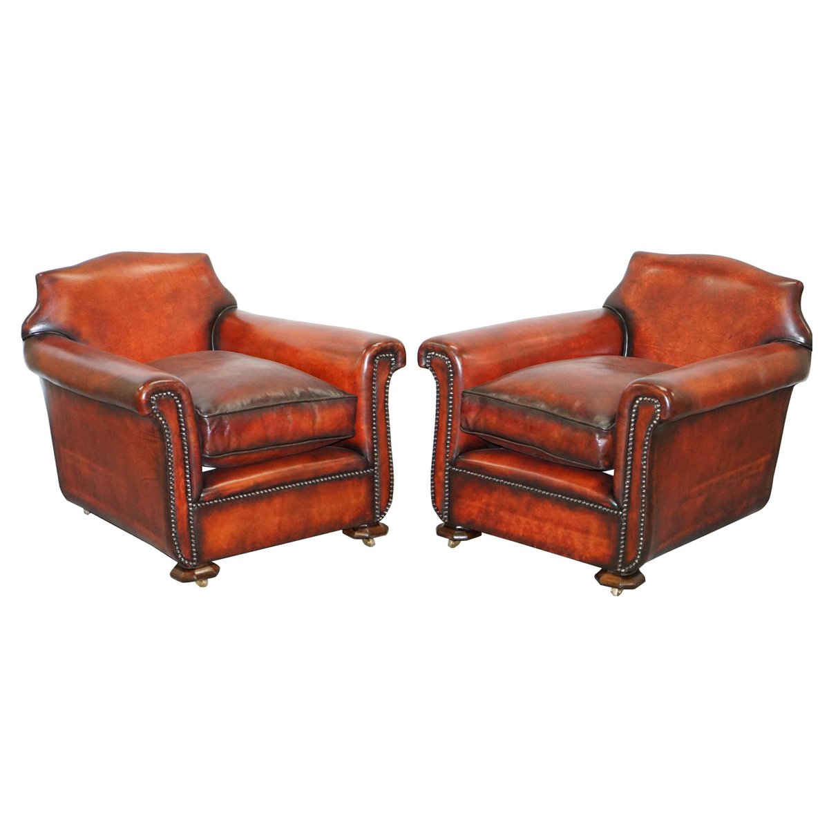 art deco whisky brown leather club armchairs set of 2 GZP-1006677