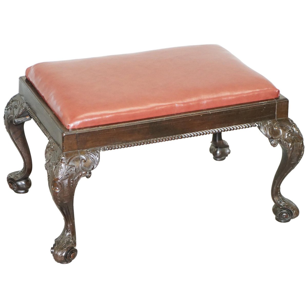 antique english georgian hand carved claw ball feet footstool in brown leather GZP-1006851