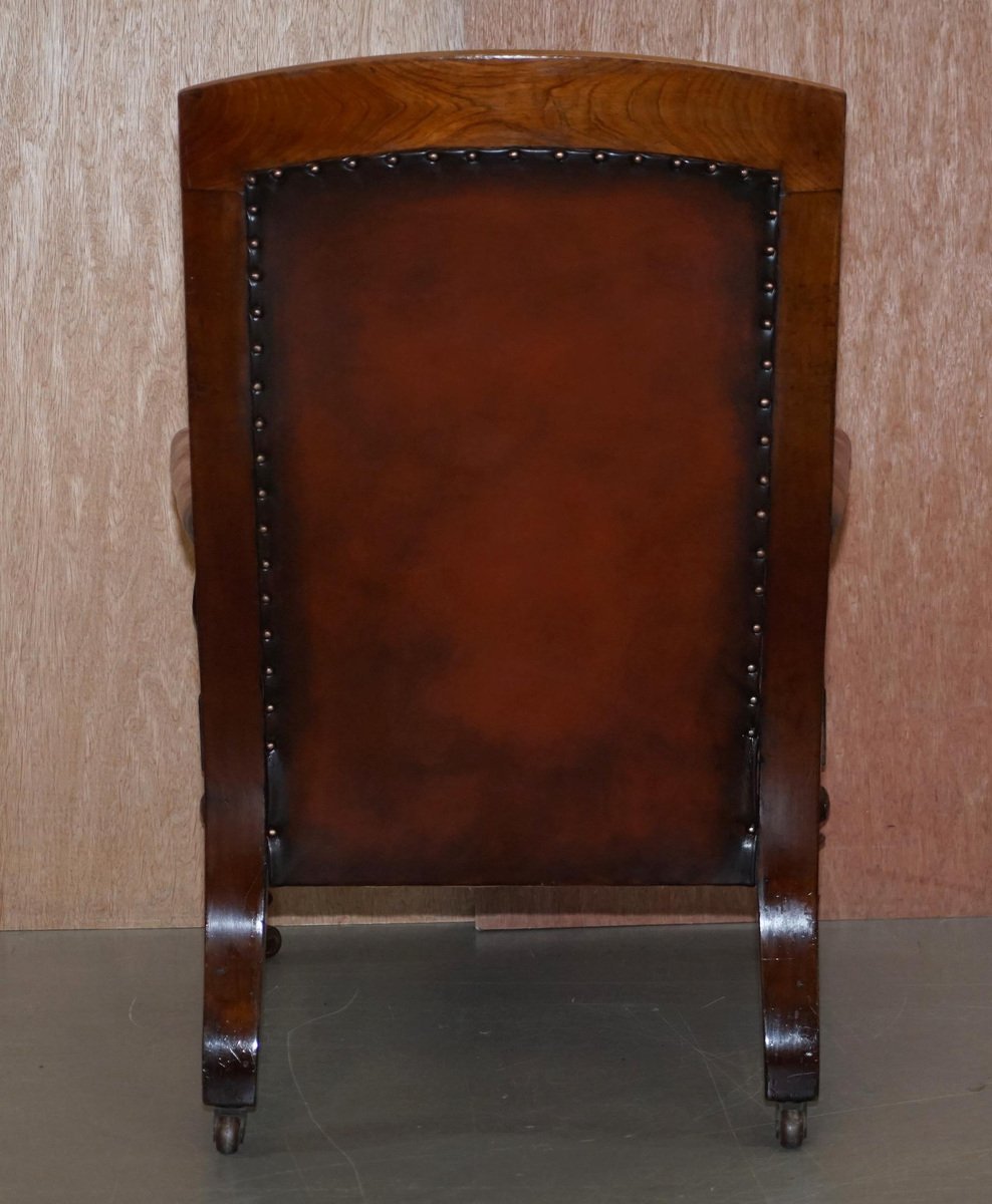 victorian hardwood hand dyed brown leather library reading armchair GZP-1007059