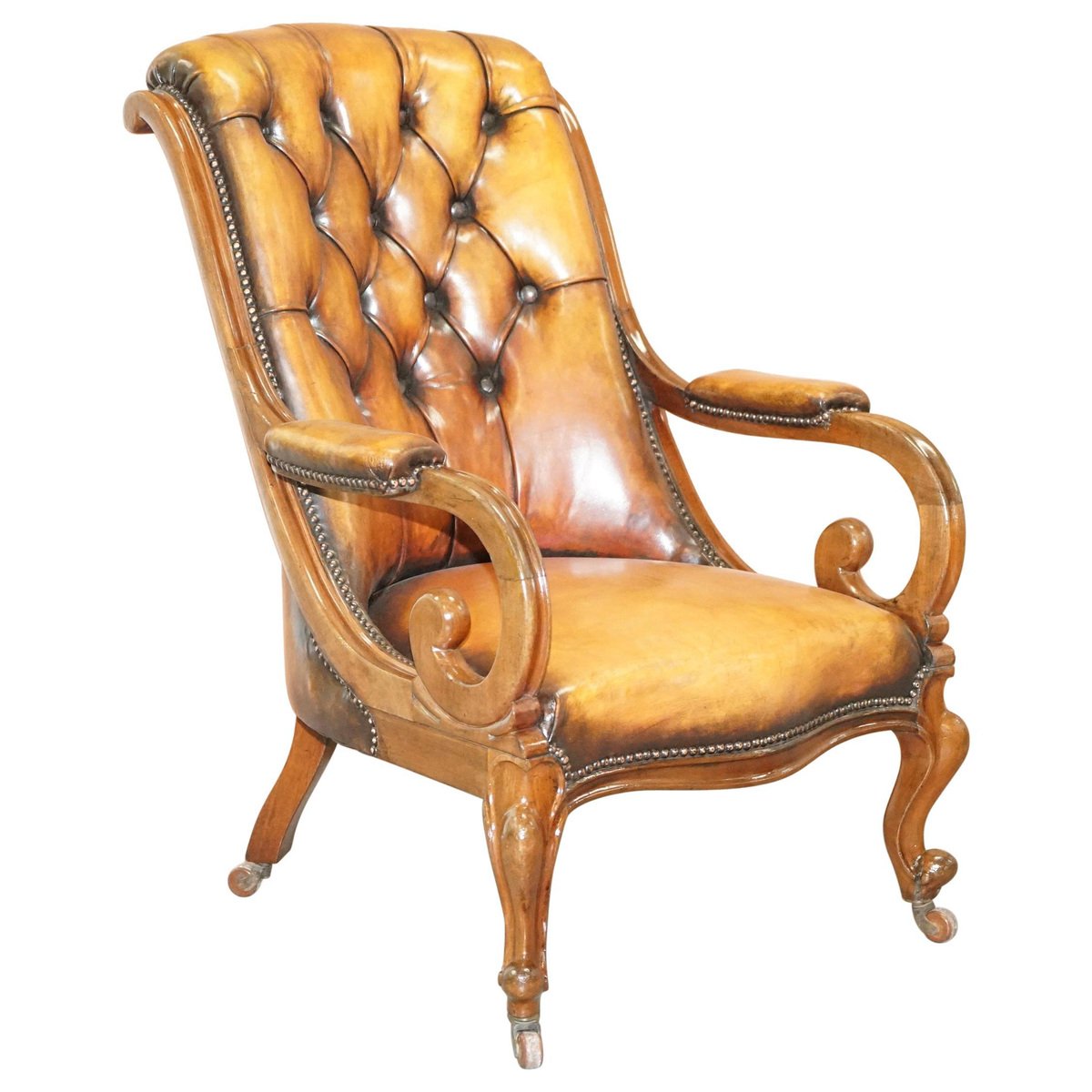early victorian chesterfield brown leather armchair GZP-1007093