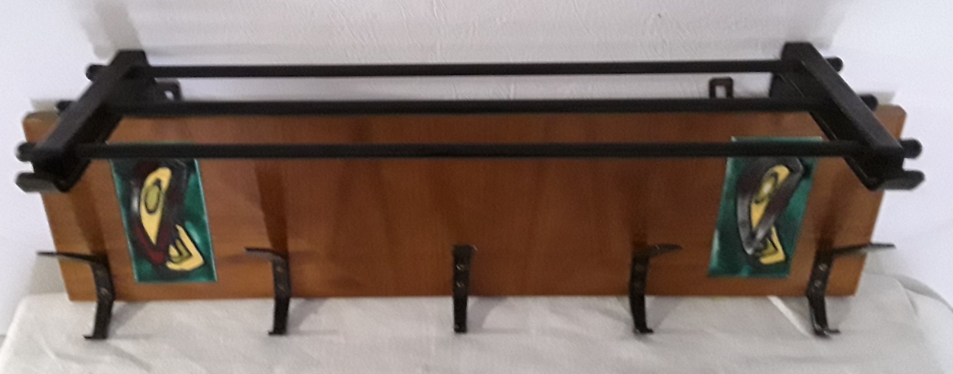 Appendiabiti Da Parete In Legno E Metallo Con Mensola - 5 Ganci Doppi E Ripiano - Per Ingresso, Cucina, Bagno