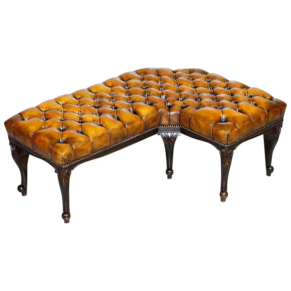 victorian brown leather chesterfield corner bench or stool GZP-1013385