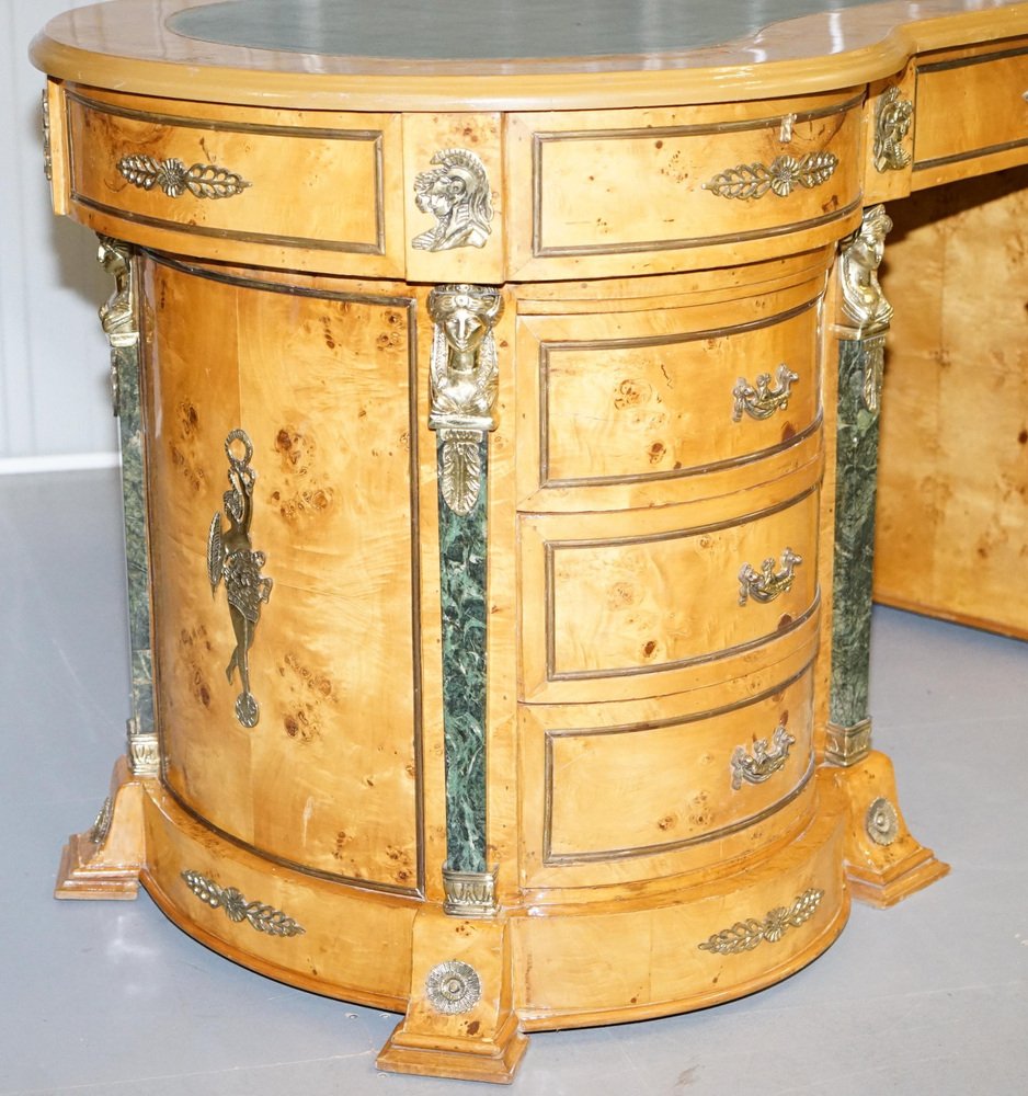 French Empire Revival Burr Walnut Kidney Desk with Bronze Sphinx Mounts
